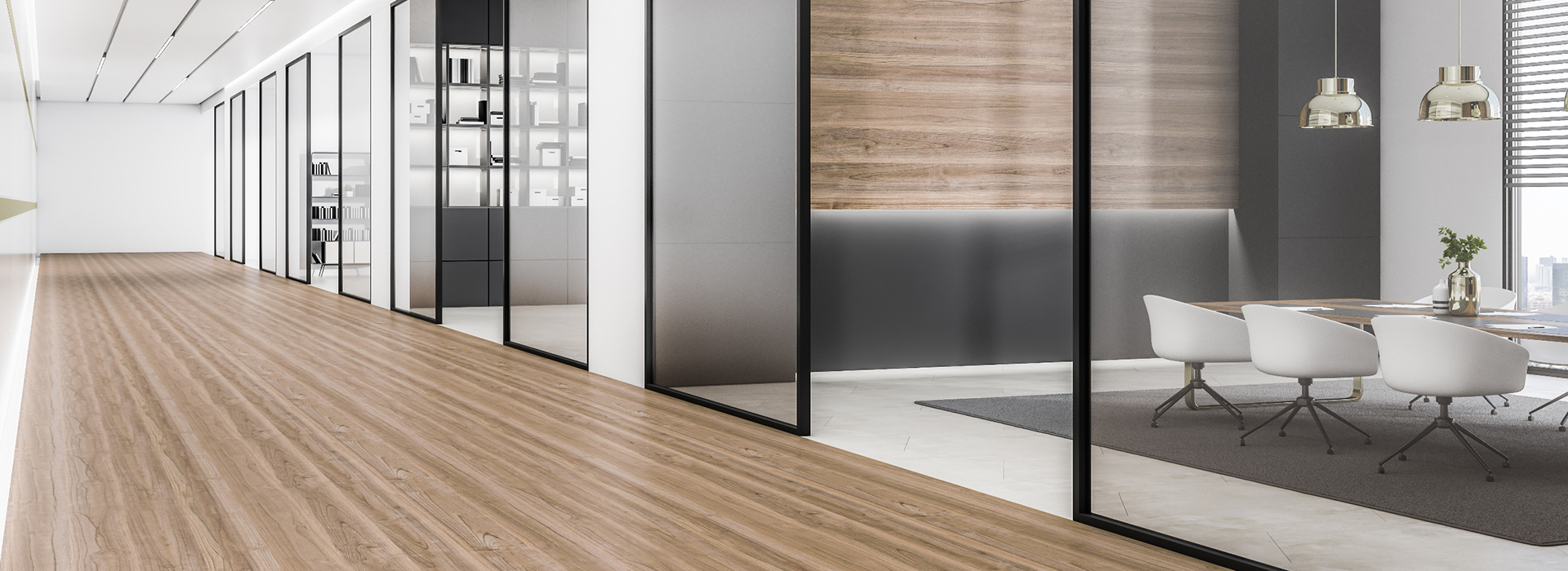 Mezzanine office level with glass partitions and timber flooring